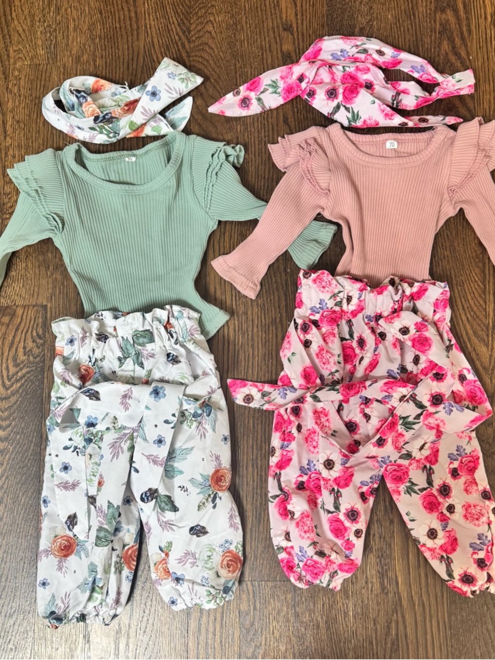 Baby girl infant floral pants head scarf onesie green pink outfits Sz 70